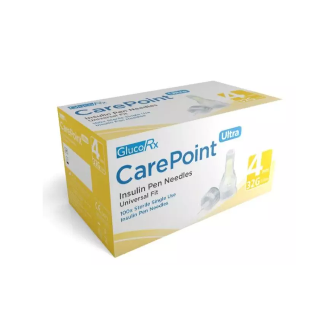 GlucoRx Ultra CarePoint Pen Needles 32G × 4 mm – Sterile, Single-Use