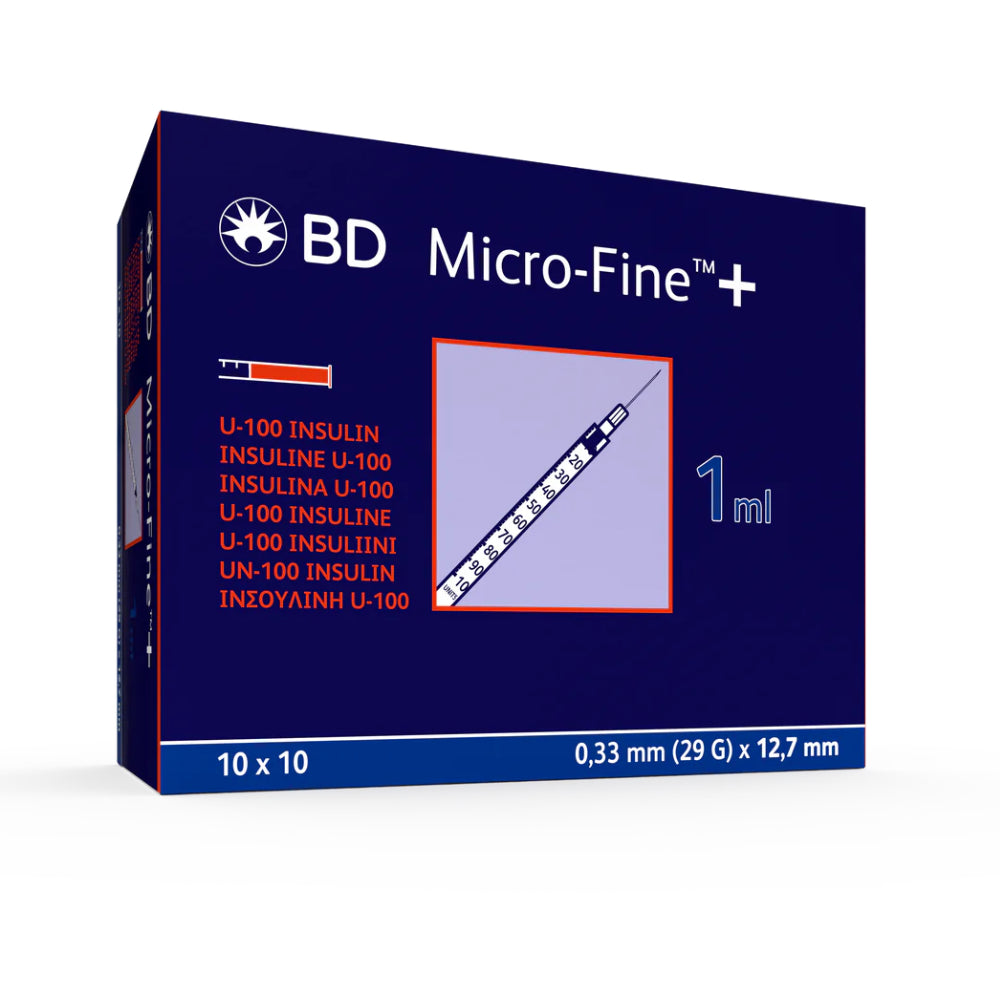 BD MicroFine Plus U-100 Syringe 1 mL (100 Units) with Fixed 29G × 1/2" Needle – Sterile, Single-Use